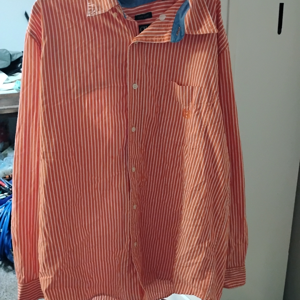 Chaps Orange Casual Button Down Shirt with Stripes